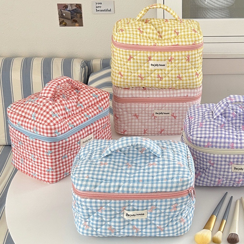 Cute Checkered Bow Makeup Bag  - Skincare B Erl review and price