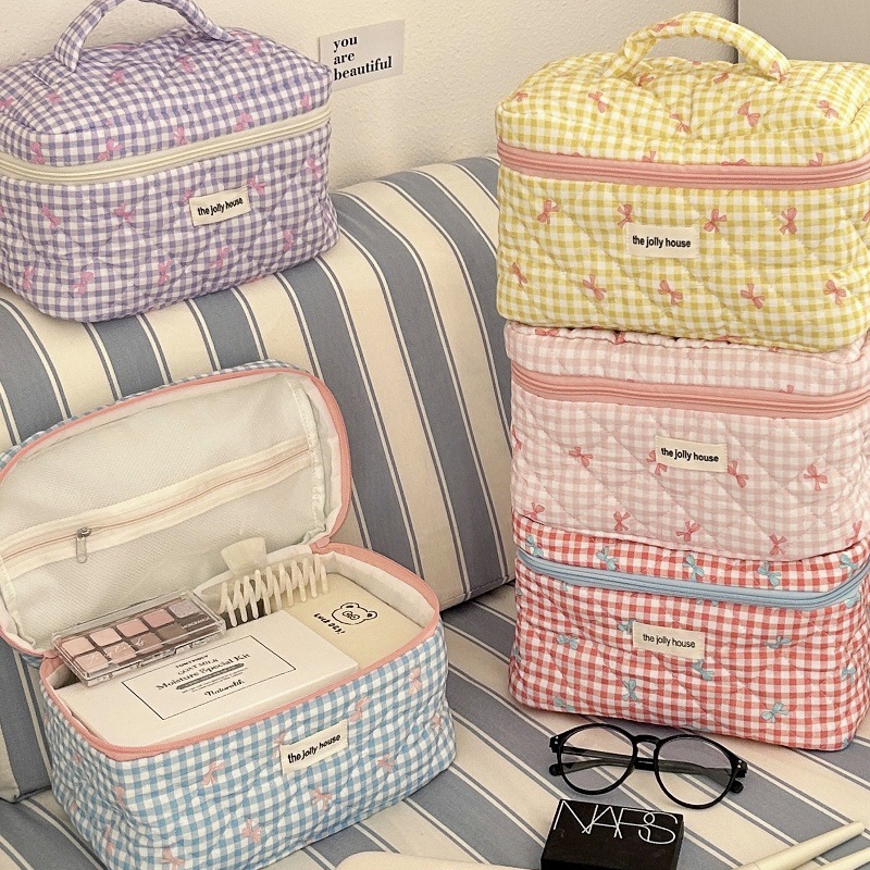 Cute Checkered Bow Makeup Bag  - Skincare B Erl review and price