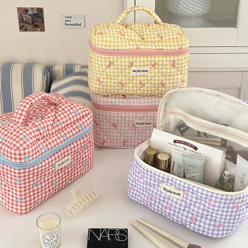 Cute Checkered Bow Makeup Bag  - Skincare B Erl review and price