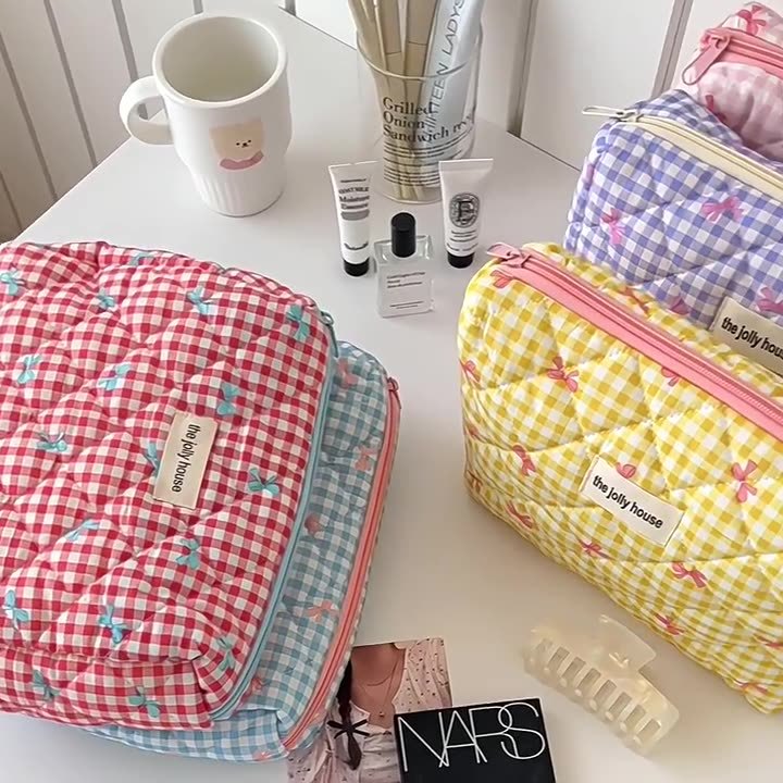 Cute Checkered Bow Makeup Bag  - Skincare B Erl review and price